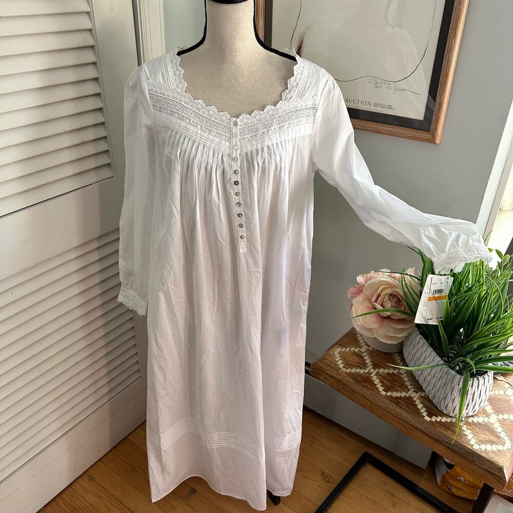 Eileen West White Cotton Lace-Trim Nightgown